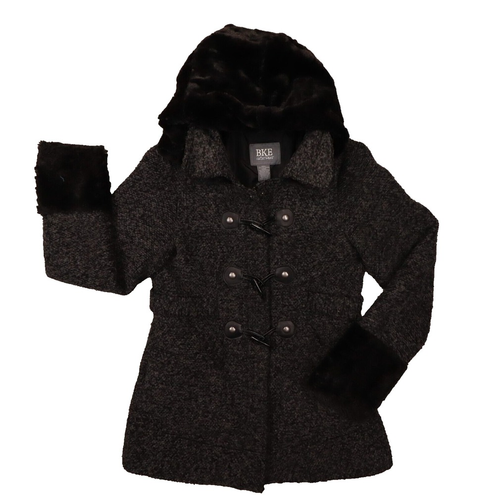 BKE Outerwear Buckle Charcoal Grey Fur Cuff Toggle Hooded Coat size Small‎